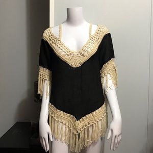 Dreamers Crochet Boho Fringe Cold Shoulder Top